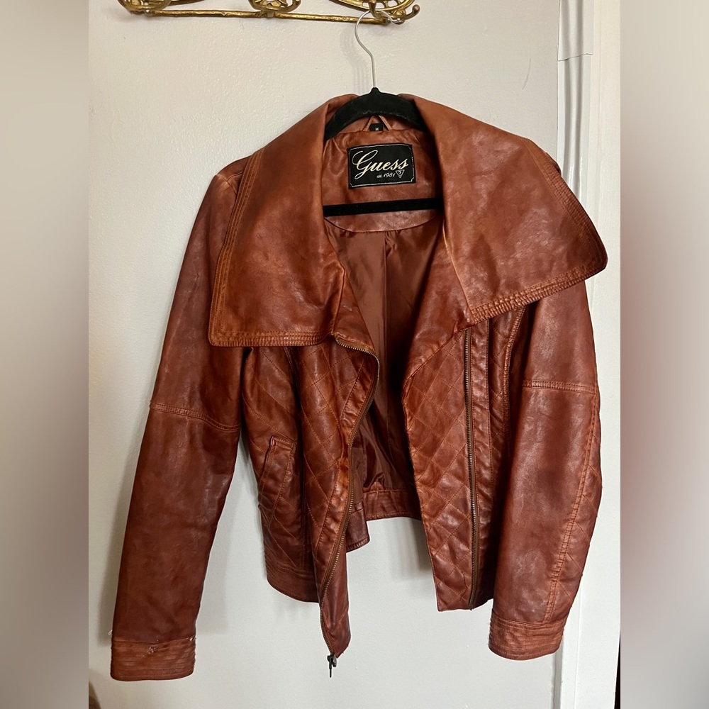 GUESS, Vegan Asymmetrical Faux Leather Quilted Moto Jacket, Brown Size M